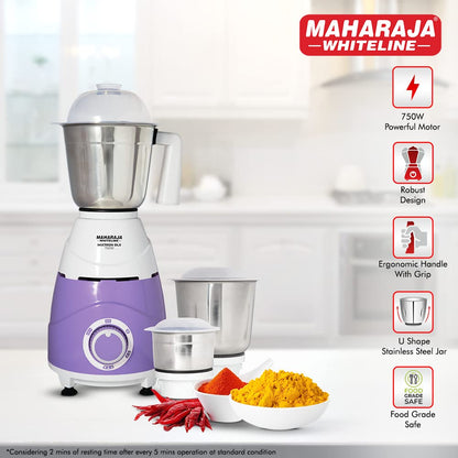 Maharaja Whiteline Mixtron DLX Mixer Grinder with 3 jars - 750W (Laverder & White)