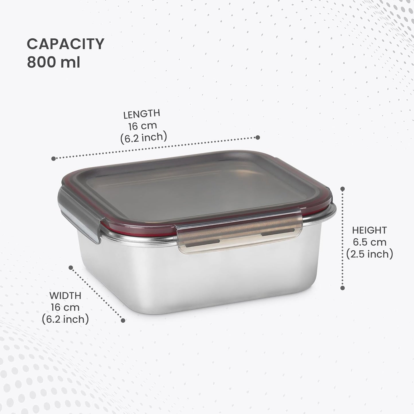 MILTON Modulo Steel Square 850 Container with lock lid|Airtight & Leakproof|Microwave & Oven safe| Light Weight | School, Office or Picnic use, 800 ml, Silver