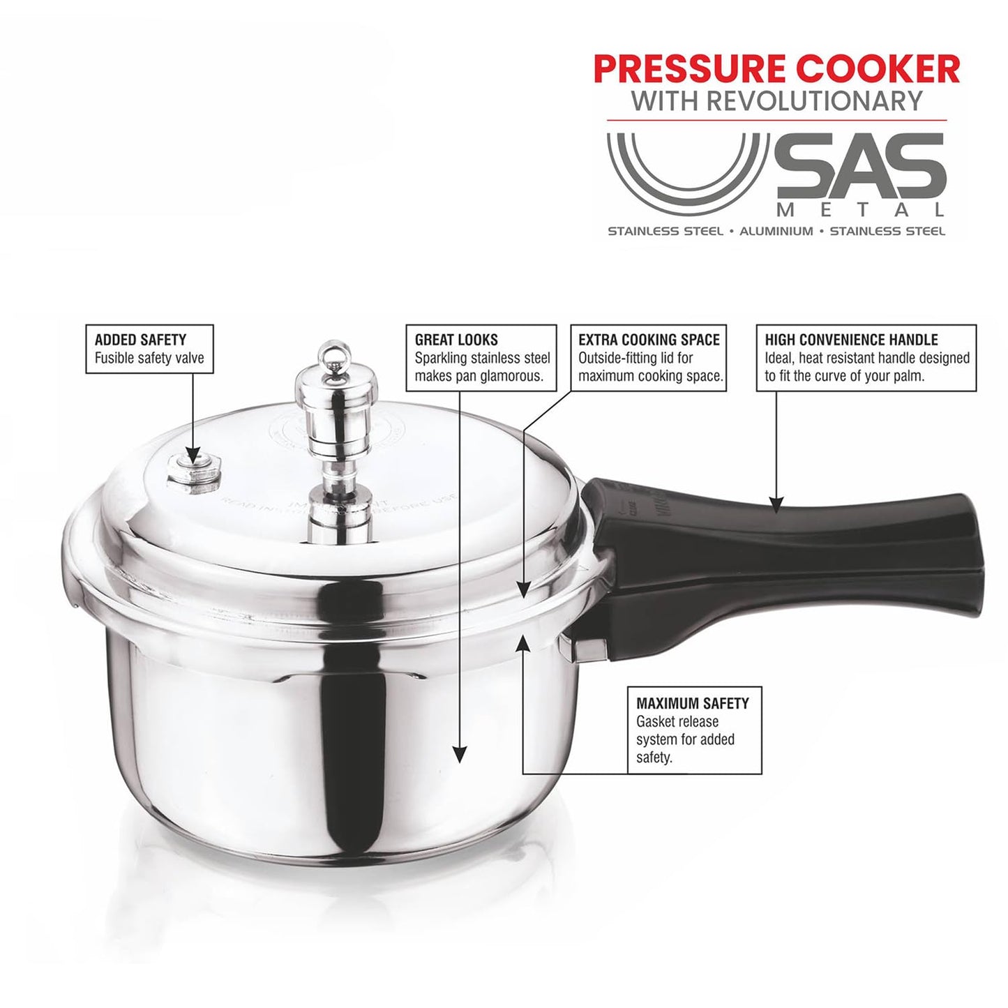 Vinod Platinum Triply Stainless Steel Outer Lid Pressure Cooker - 2 Liter, Induction Friendly,