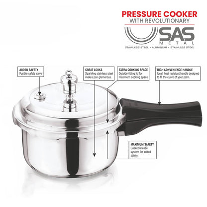 Vinod Platinum Triply Stainless Steel Outer Lid Pressure Cooker - 2 Liter, Induction Friendly,
