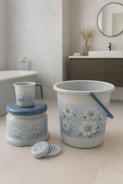 NOVAE Bathroom Set 4 Pcs, Plastic Bath Set with Bucket 20L, Mug 1.5L, Stool 508, Soap Case, Bathroom Accessories, Durable, Stylish, Easy to Clean, Ideal for Home, Grey