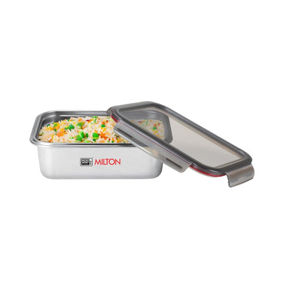 MILTON Modulo Steel Rectangular 650 Container with lock lid|Airtight & Leakproof|Microwave & Oven safe| Light Weight | School, Office or Picnic use, 650 ml, Silver