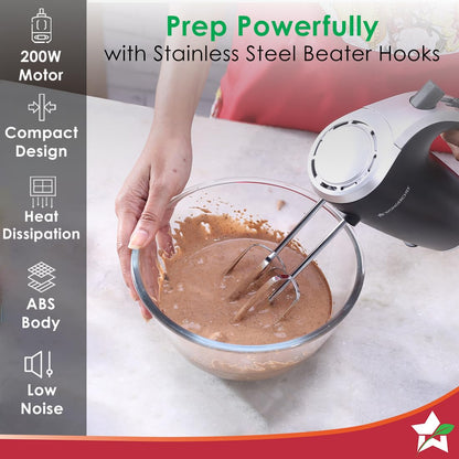 Wonderchef Onyx 5 Speed Electric Hand Mixer|300W Powerful & Silent Copper Motor|Hand Blender|SS Whisk Beaters & Dough Hooks|1 Year Warranty|Whisk Eggs|Cake Mixer|Dough Maker|Bakeware|Black & Steel