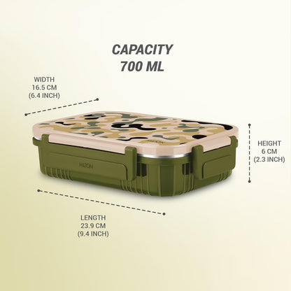 MILTON Fun Feast 3 inner Stainless Steel Tiffin Box, 700 ml, Military Green | 3 compartment Leak Proof Container | PU Insulated | BPA Free | Easy to Carry | Easy to Clean