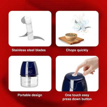 Pigeon Zoom Electric Rechargeable Chopper 250 ml, Portable with 3 Stainless Steel Blades for Effortlessly Chopping Vegetables and Fruits - Assorted Colours