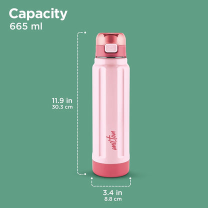 Milton Taurus 900 Steel Thermoware, Inner Stainless Steel, Cold PU Insulated, Leak Proof Water Bottle for School Kids, Office, Gym, Easy to Carry Handle, 665 ml, Light Pink