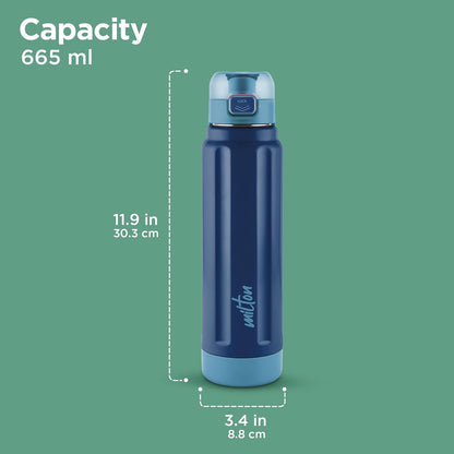 Milton Taurus 900 Steel Thermoware, Inner Stainless Steel, Cold PU Insulated, Leak Proof Water Bottle for School Kids, Office, Gym, Easy to Carry Handle, 665 ml, Dark Blue