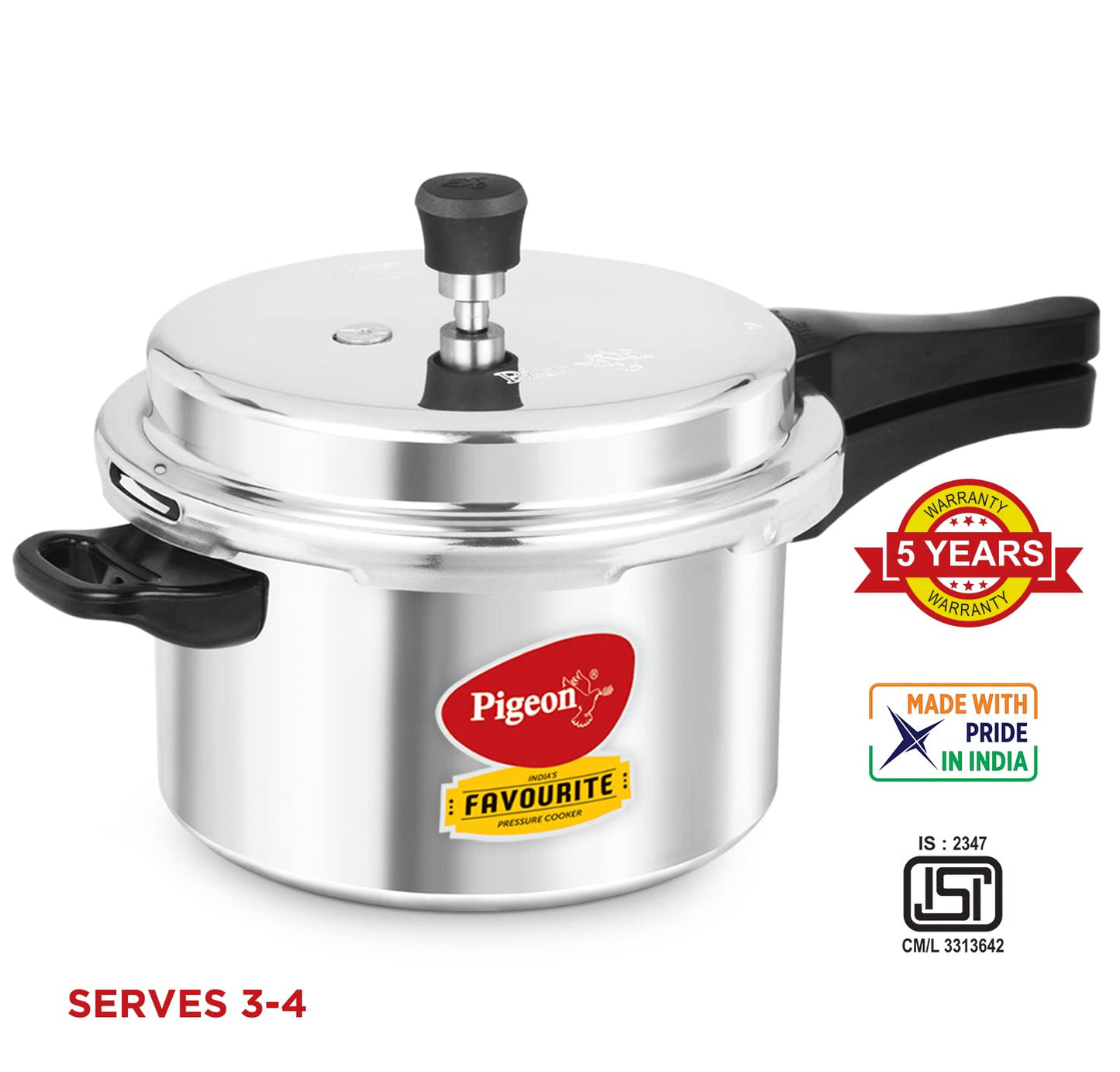 Pigeon by Stovekraft Favourite Induction Base Aluminium Pressure Cooker with Outer Lid, 5 Litres, Silver