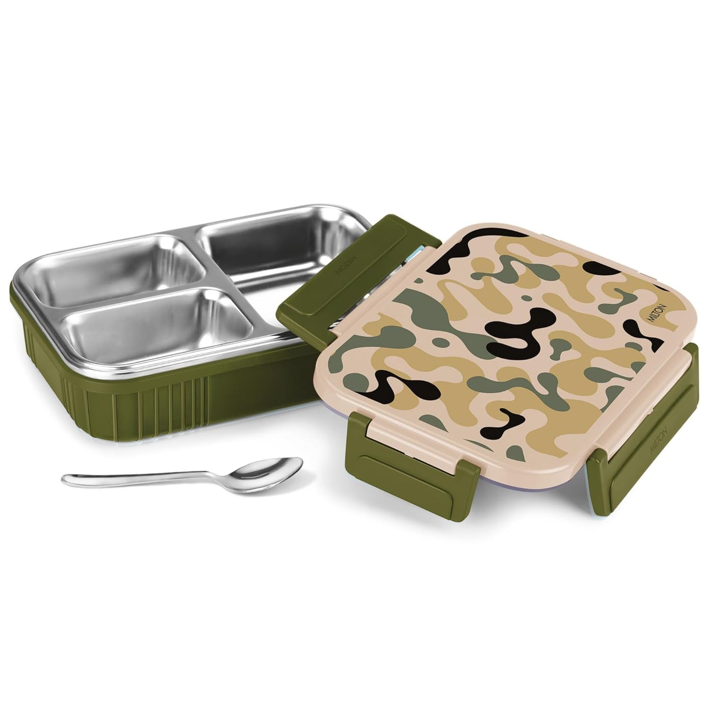 MILTON Fun Feast 3 inner Stainless Steel Tiffin Box, 700 ml, Military Green | 3 compartment Leak Proof Container | PU Insulated | BPA Free | Easy to Carry | Easy to Clean