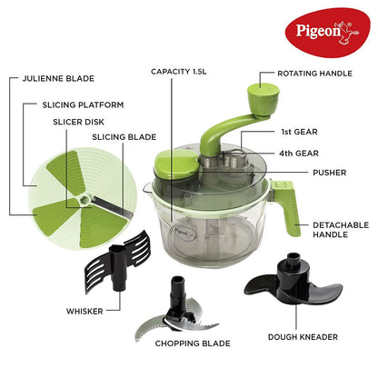 Pigeon by Stovekraft Tornado Turbo Manual Chopper | Food Processor 1.5 L Used for Chopping, Atta Kneader, Slicing, Shredding and Whipping - Green, Large