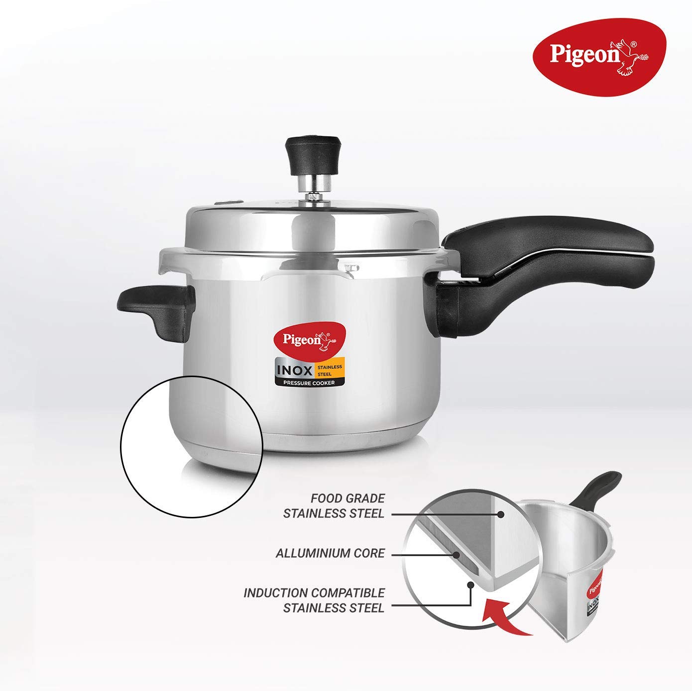 Pigeon by Stovekraft Inox Stainless Steel Pressure Cooker with Outer Lid, Compatible for Gas Stove and Induction, 3 Litre, Silver