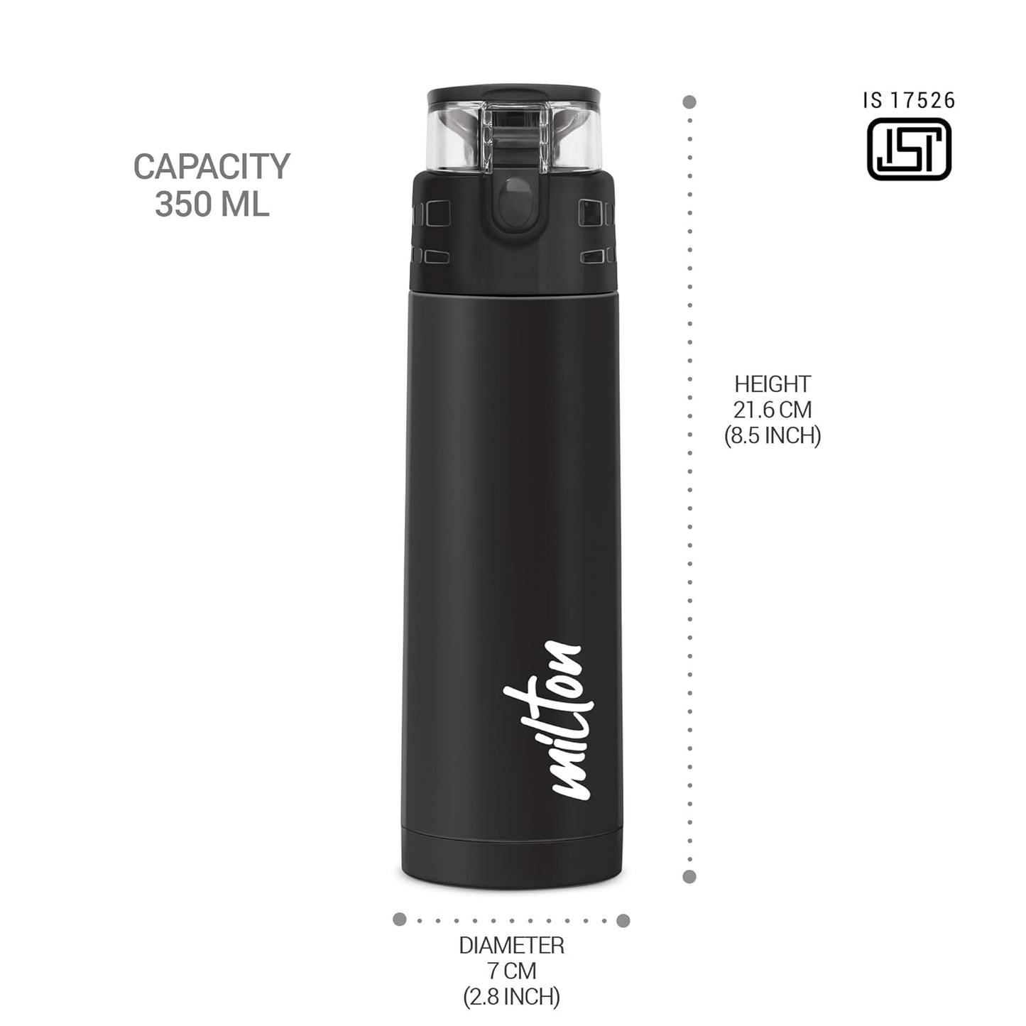 Milton Atlantis 400 Thermosteel Water Bottle 350 ml, 24 Hr Hot and Cold I Leak Proof Lid, ISI Certified I Vacuum Insulated I for Office, Gym, School I Black