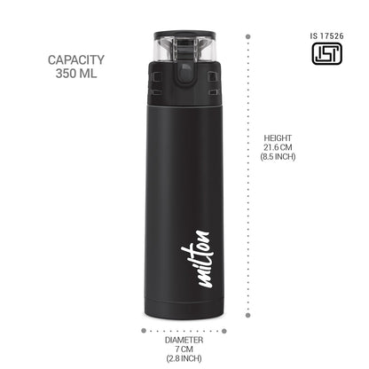Milton Atlantis 400 Thermosteel Water Bottle 350 ml, 24 Hr Hot and Cold I Leak Proof Lid, ISI Certified I Vacuum Insulated I for Office, Gym, School I Black