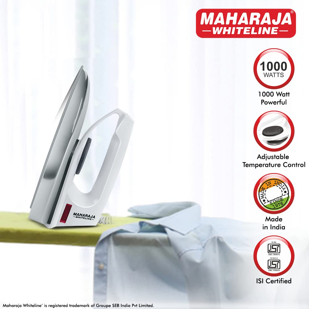 Maharaja Whiteline Plastic 1000 Watts Classico Dry Iron, 1000 Watts |Adjustable Temperature Control | Isi Centified | Non-Stick Soleplate | Indicator Light | (White)