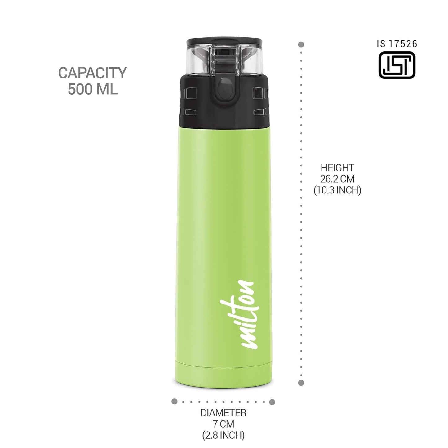 Milton Atlantis 600 Thermosteel Water Bottle 500 ml, 24 Hr Hot and Cold I Leak Proof Lid, ISI Certified I Vacuum Insulated I for Office, Gym, School I Green