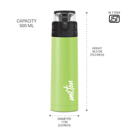 Milton Atlantis 600 Thermosteel Water Bottle 500 ml, 24 Hr Hot and Cold I Leak Proof Lid, ISI Certified I Vacuum Insulated I for Office, Gym, School I Green