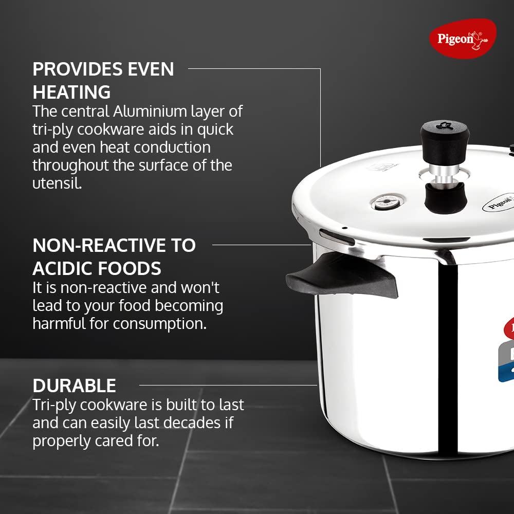 Pigeon by Stovekraft Elite Shine 3 L Tri-Ply Body Outer Lid Pressure Cooker Induction and Gas Stove Compatible that Distributes Heat Evenly for Uniform Cooking (Stainless Steel, Silver)