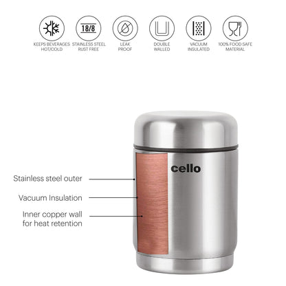 Cello Supee Vacuum Insulated Flask 400ml, Silver | Double Walled | Keeps Food Hot & Cold for Long Hours | Thermos with Airtight Screw Lid | Leakproof Soup Jar Thermos for Office, College & Travelling