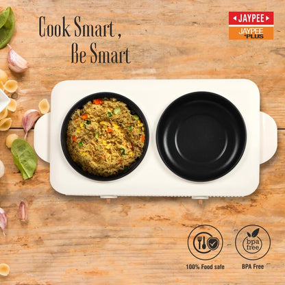 Jaypee Plus Electric CookSmart Casserole 3-in-1 Dual Cooking Station with Teflon NonStick Coating Bowl for Reheating & Cooking,Wooden Finish Lid & Regulator Knob Toughened Glass Lid,1.5+1.5 Ltr, Ivory
