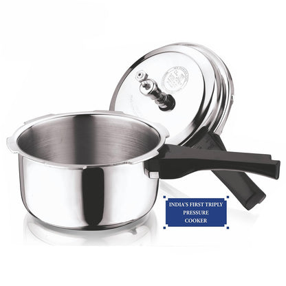 Vinod Platinum Triply Stainless Steel Outer Lid Pressure Cooker - 2 Liter, Induction Friendly,