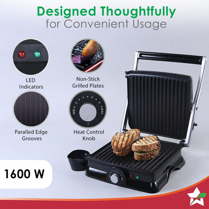 Wonderchef Sanjeev Kapoor Tandoor Family Size| Electric Contact Grill & Sandwich Maker| 3-in-1 Appliance|1600 Watt|180 Degree Grilling|Cool Touch Handle|Auto Shut Off|2 Year Warranty| Black & Silver