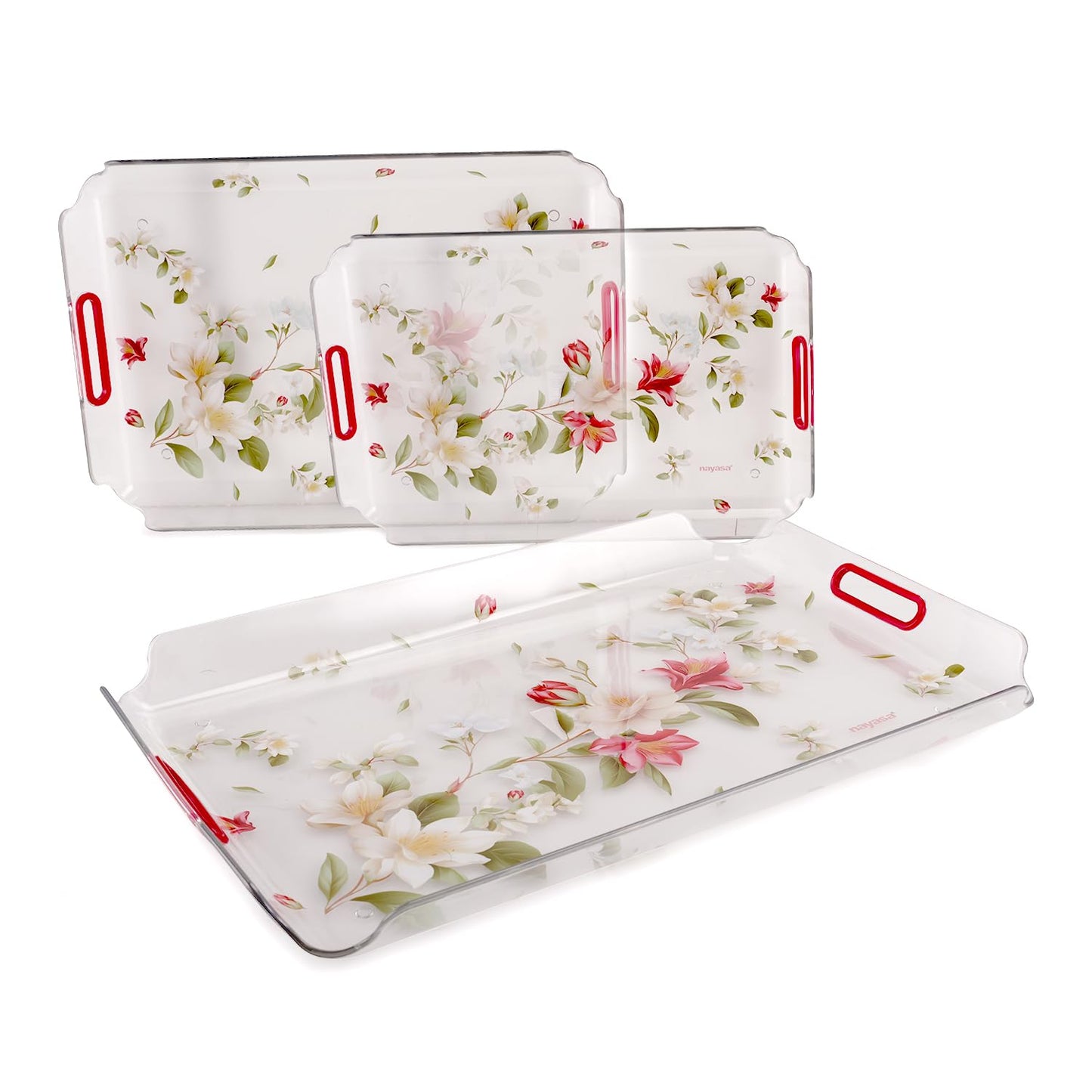 Nayasa Modern Plastic Rectangular Serving Tray Set of 3, Small, Medium & Large | Durable Multipurpose Kitchen Tray for Tea, Coffee, Snacks, Fruits & Desserts | Transparent Red