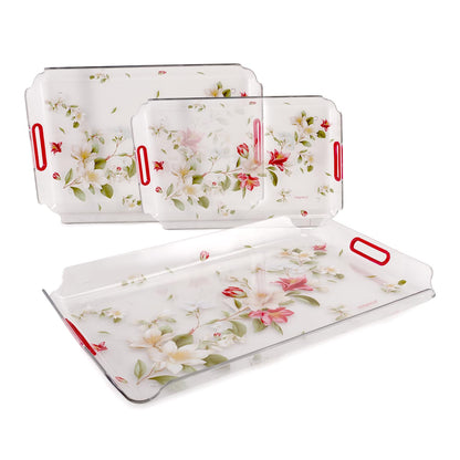 Nayasa Modern Plastic Rectangular Serving Tray Set of 3, Small, Medium & Large | Durable Multipurpose Kitchen Tray for Tea, Coffee, Snacks, Fruits & Desserts | Transparent Red