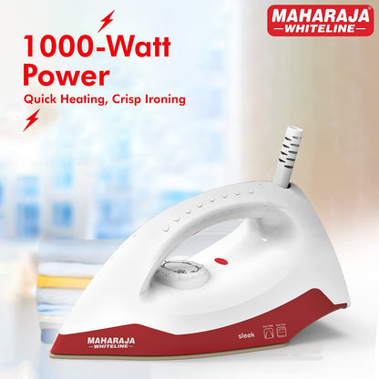 Maharaja Whiteline Sleek Dry Iron, 1000W (White & Cherry Red), Standard (Sleek / DI-129)
