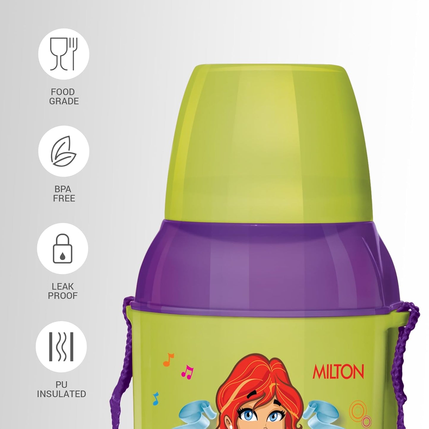 MILTON Kool Kid 450 Plastic Insulated Water Bottle with Belt & Straw, 430 ml, Green | PU Insulated | BPA Free | Easy to Carry | Leak Proof