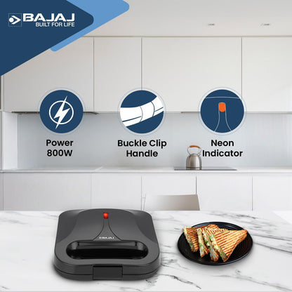 Bajaj SWX 6 800-Watt 2-Slice Sandwich Griller | Non-Stick Coated Plates for Easy-to-Clean | Upright Compact Storage | Buckle Clips Lock | 2 Years Warranty | Black