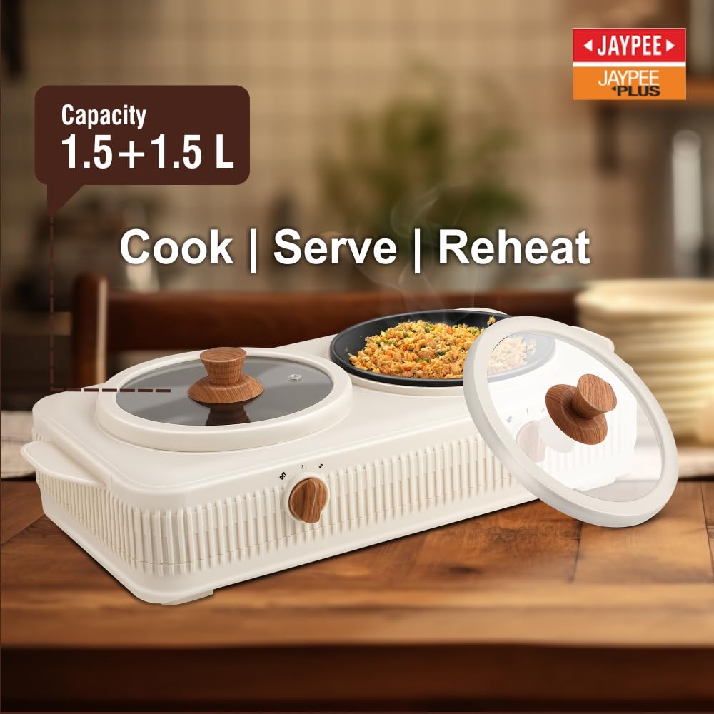 Jaypee Plus Electric CookSmart Casserole 3-in-1 Dual Cooking Station with Teflon NonStick Coating Bowl for Reheating & Cooking,Wooden Finish Lid & Regulator Knob Toughened Glass Lid,1.5+1.5 Ltr, Ivory