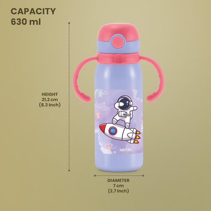 MILTON Fountain 650 Astronaut Stainless Steel Kids Water Bottle, 630 ml, Purple | Single walled | Leak Proof| Easy to Carry | Sipper Bottle | School | Picnic | Travel