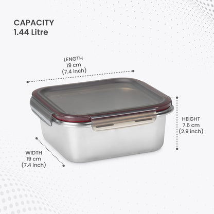 MILTON Modulo Steel Square 1500 Container with lock lid|Airtight & Leakproof|Microwave & Oven safe| Light Weight | School, Office or Picnic use, 1440 ml, Silver