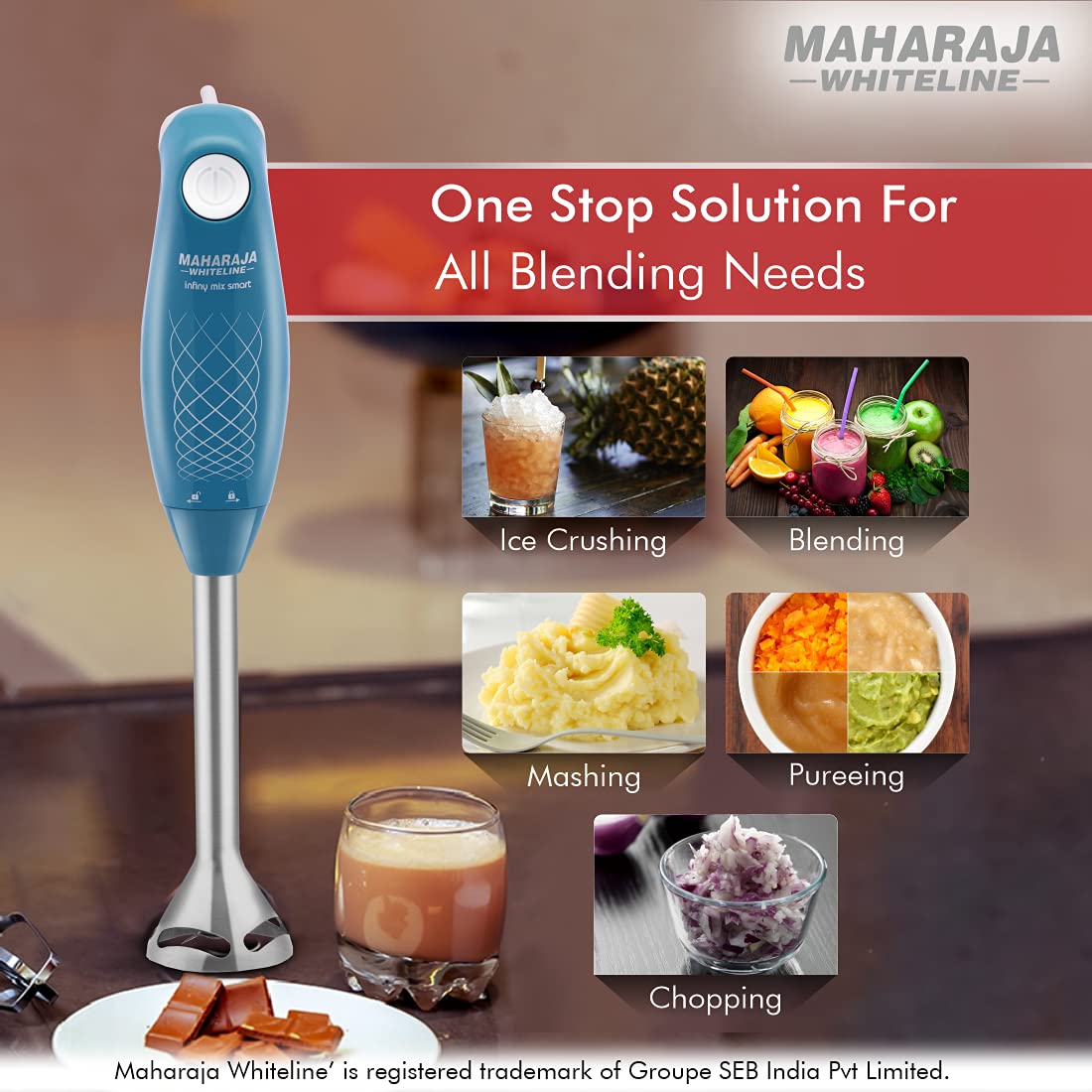 Maharaja Whiteline Infiny Mix Smart Hand Blender (175W), Turquoise Blue & White