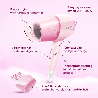 Philips Hair Dryer Bhc017/00 Thermoprotect 1200 Watts with Air Concentrator + Diffuser Attachment - Pink
