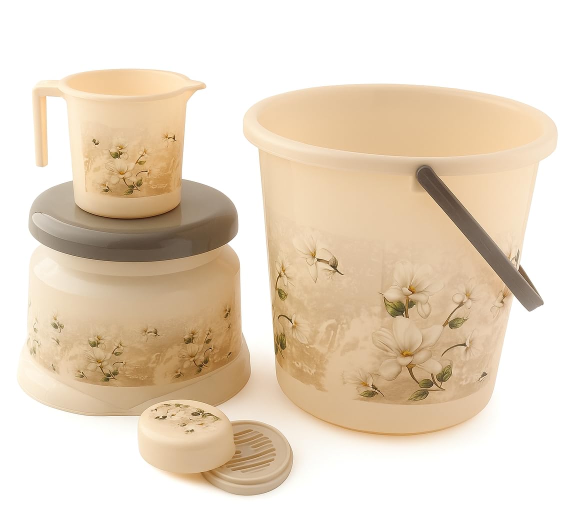 NOVAE Bathroom Set 4 Pcs, Plastic Bath Set with Bucket 20L, Mug 1.5L, Stool 508, Soap Case, Bathroom Accessories, Durable, Stylish, Easy to Clean, Ideal for Home, Grey