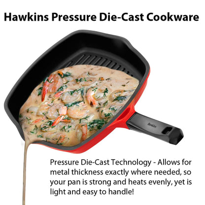 Hawkins 30 cm Grill Pan, Non Stick Die Cast Grilling Pan, Square Grill Pan for Gas Stove, Ceramic Coated Pan, Roast Pan, Red (DCGP30)