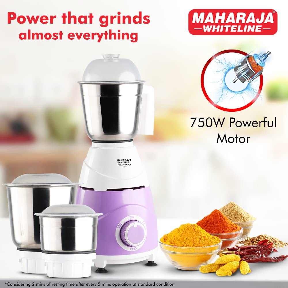 Maharaja Whiteline Mixtron DLX Mixer Grinder with 3 jars - 750W (Laverder & White)