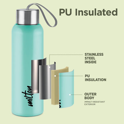 Milton Halo 900 Steel Thermoware, Inner Steel, PU Insulated, Leak Proof Water Bottle for School Kids, Office, Gym, Easy to Carry Strap, 600 ml, Aqua Green