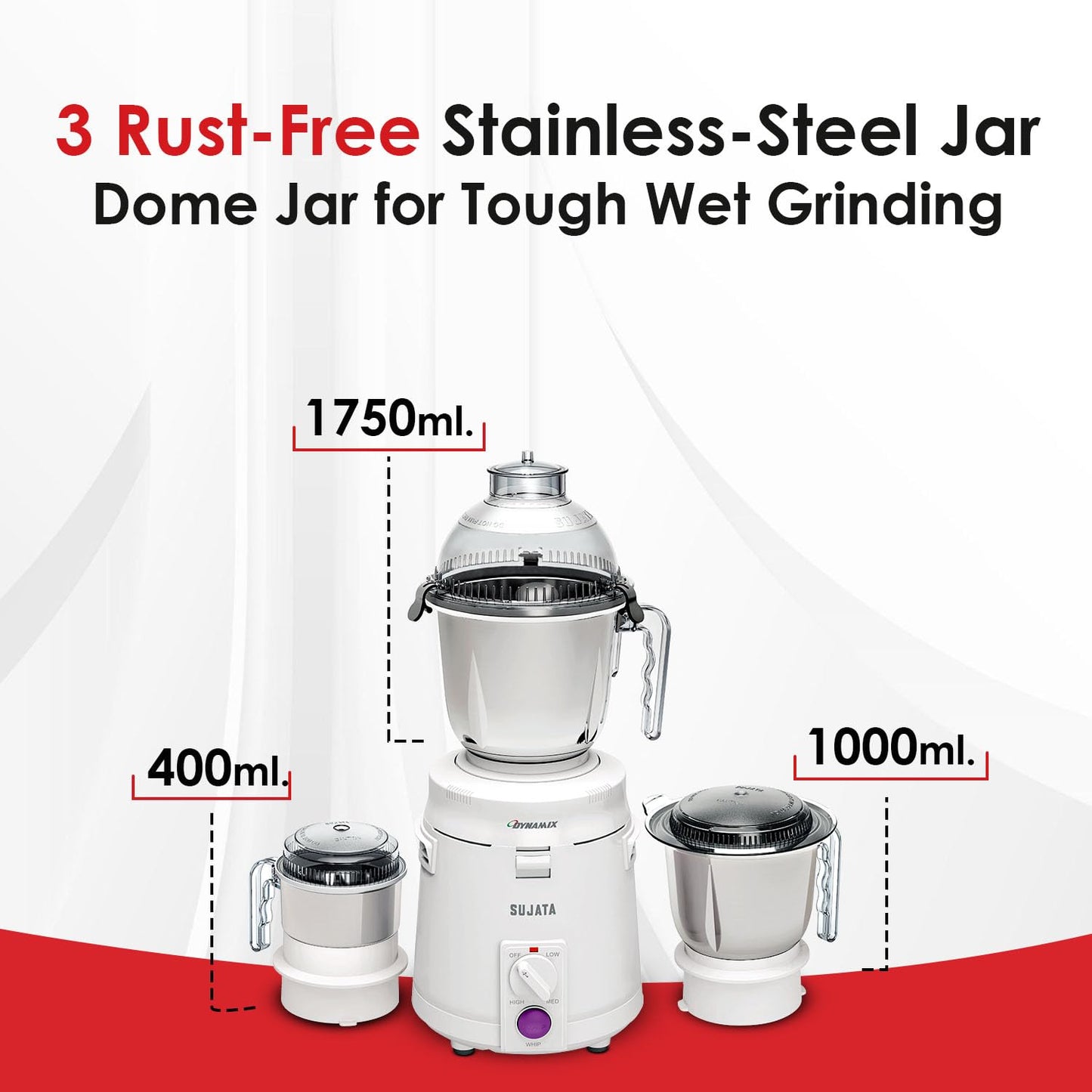 Sujata Dynamix 900 Watts Mixer Grinder | 22000 Rotations Per Min | 90 Minutes Continuous Running | 3 Versatile Jars 1500 ml, 1000 ml and 400 ml