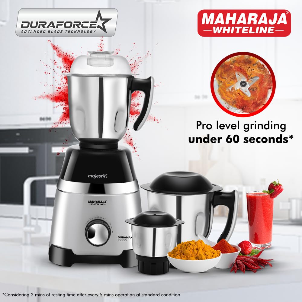 Maharaja Whiteline Duramaxx Mixer Grinder, Majestik Collection, 1000W, 100% Copper Motor, Double ball bearing motor, 3 Jars - MX-244 (Black & Silver) (DURAMAXX/MX-244)