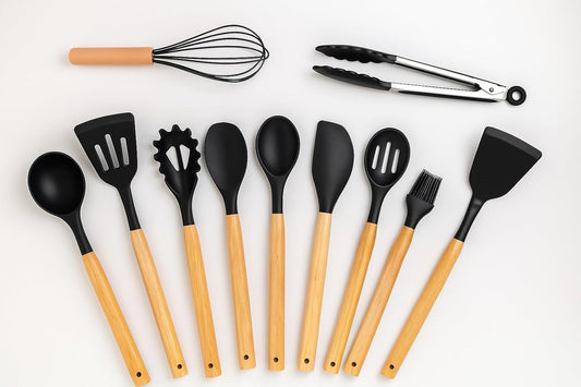 Premium Silicone Kitchen Spatula Set for Cooking | Heat Resistant Spatula for Non Stick Pan with Wooden Handle & Holder | Steel Core Silicone Spatula | Non-Stick Kitchen Utensils Set (12 Pcs)