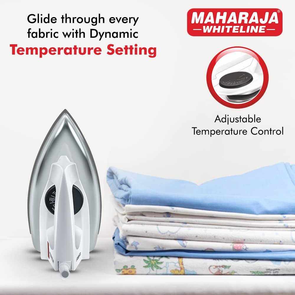 Maharaja Whiteline Plastic 1000 Watts Classico Dry Iron, 1000 Watts |Adjustable Temperature Control | Isi Centified | Non-Stick Soleplate | Indicator Light | (White)