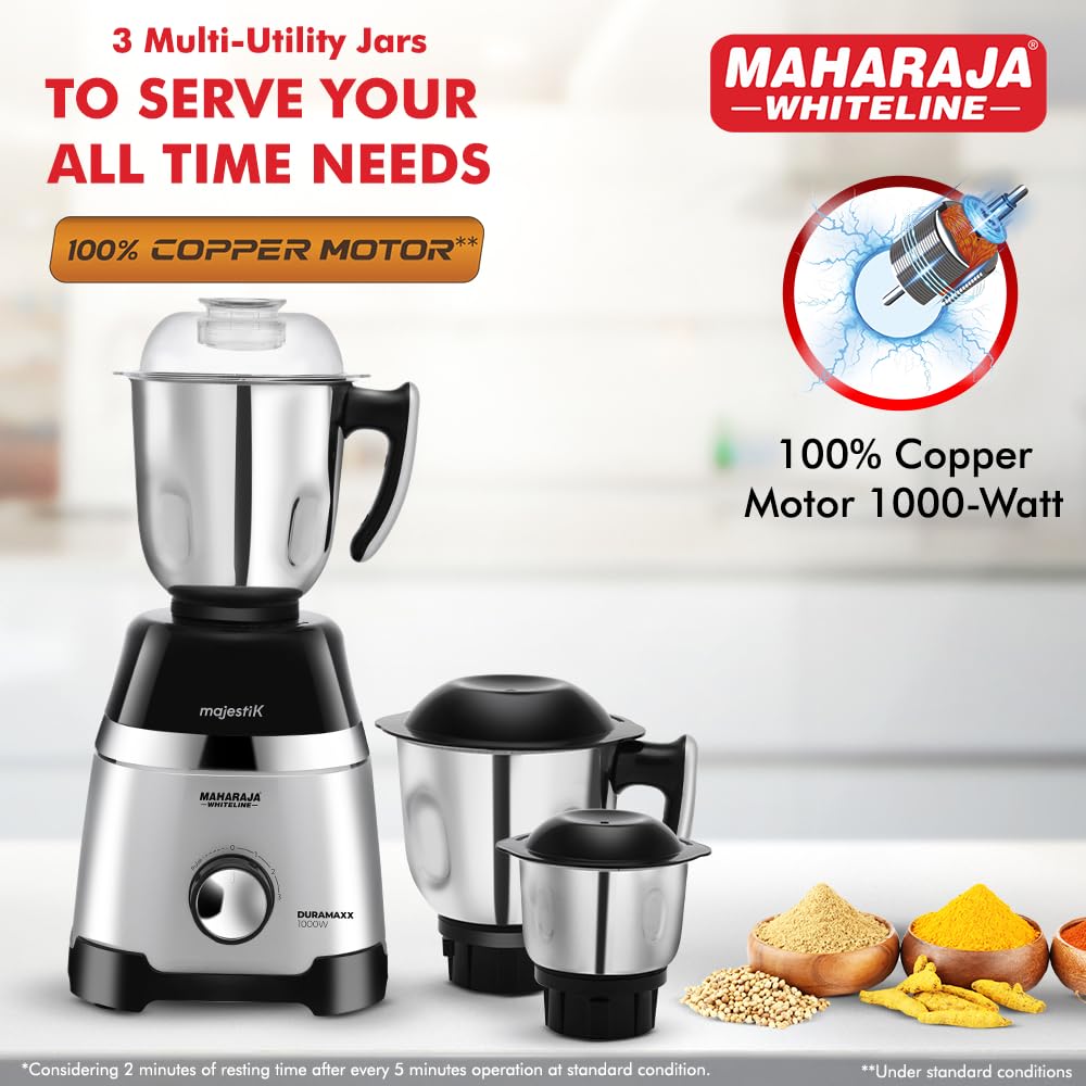 Maharaja Whiteline Duramaxx Mixer Grinder, Majestik Collection, 1000W, 100% Copper Motor, Double ball bearing motor, 3 Jars - MX-244 (Black & Silver) (DURAMAXX/MX-244)