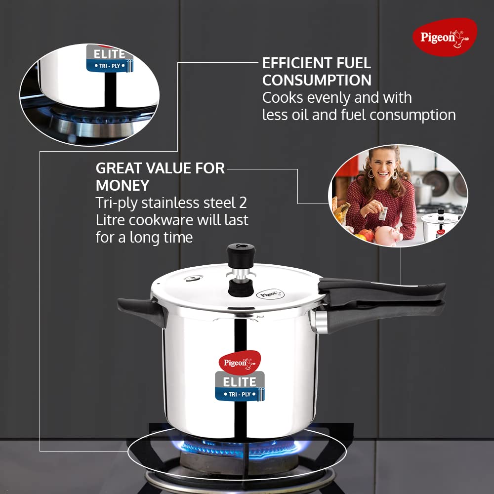 Pigeon by Stovekraft Elite Shine 3 L Tri-Ply Body Outer Lid Pressure Cooker Induction and Gas Stove Compatible that Distributes Heat Evenly for Uniform Cooking (Stainless Steel, Silver)