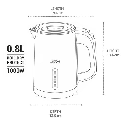 Milton Companion Electric Kettle 0.8L,1Pc,Black | Power Indicator | 1000 Watts | Double Walled | Auto Cut-off | Detachable 360 Degree Connector | Cool Tough Body | Cordless Pot