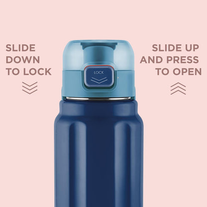 Milton Taurus 900 Steel Thermoware, Inner Stainless Steel, Cold PU Insulated, Leak Proof Water Bottle for School Kids, Office, Gym, Easy to Carry Handle, 665 ml, Dark Blue