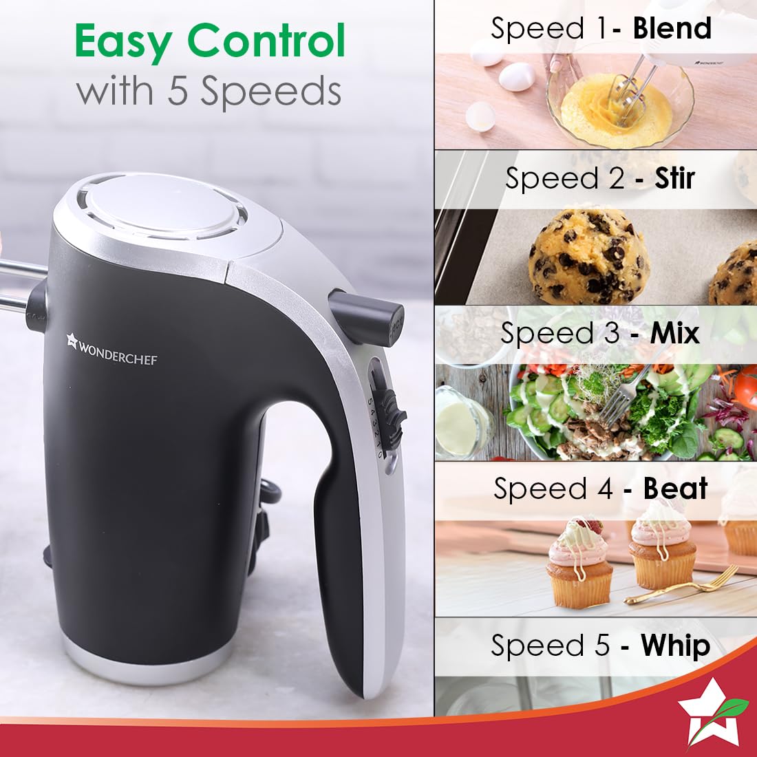 Wonderchef Onyx 5 Speed Electric Hand Mixer|300W Powerful & Silent Copper Motor|Hand Blender|SS Whisk Beaters & Dough Hooks|1 Year Warranty|Whisk Eggs|Cake Mixer|Dough Maker|Bakeware|Black & Steel