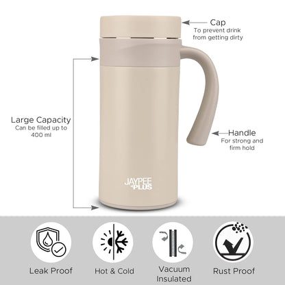 Jaypee Plus Handy Coffee Mug, Stainless Steel Insulated Travel Mug,Vacuum Insulation Cup for hot Tea,Cold Tea & Soup 400 ml, Ivory