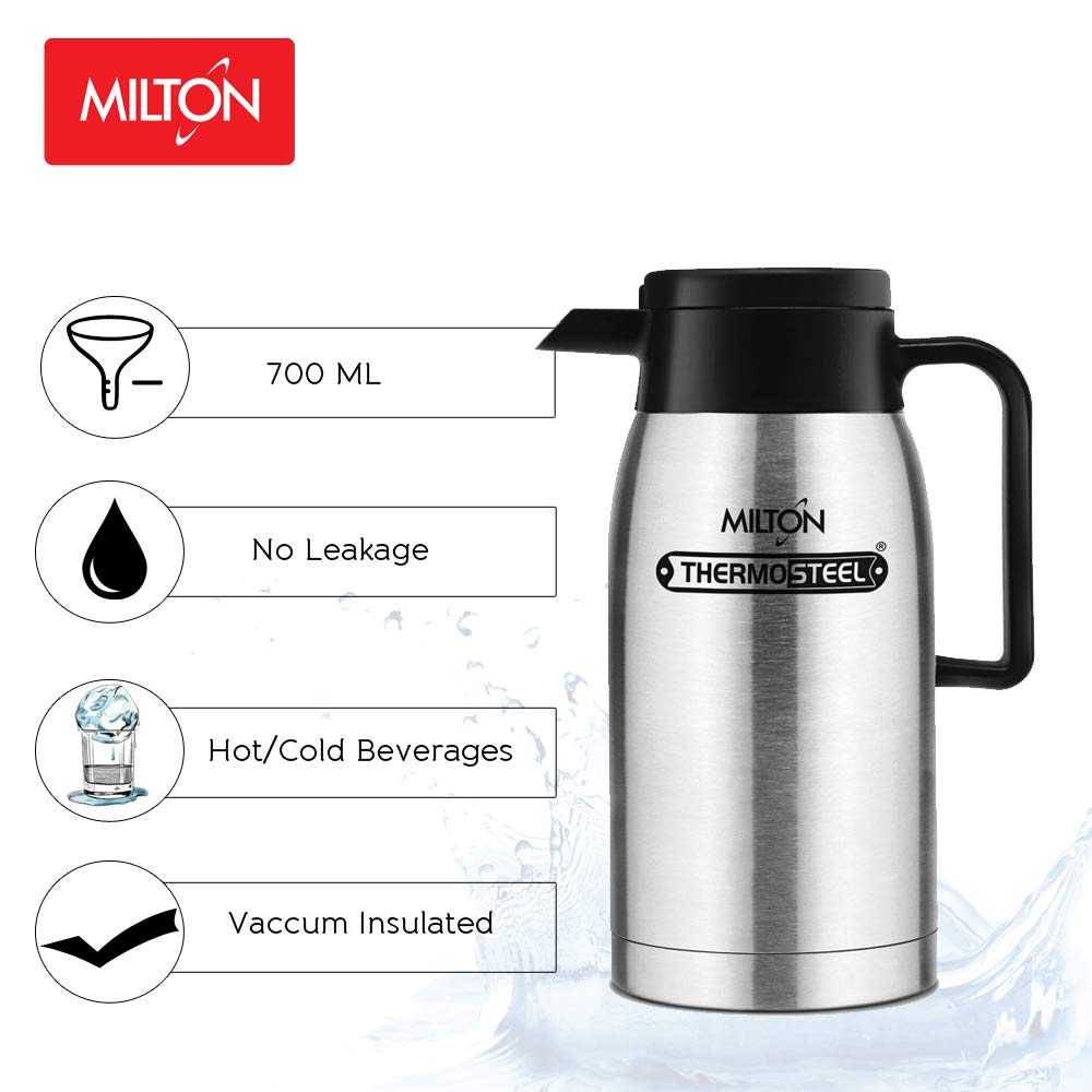 Milton omega 700 thermosteel vacuum insulated 24 hours hot or cold carafe, 700 ml, silver | 100% leak proof | easy to carry | ideal for tea | coffee | juice | water